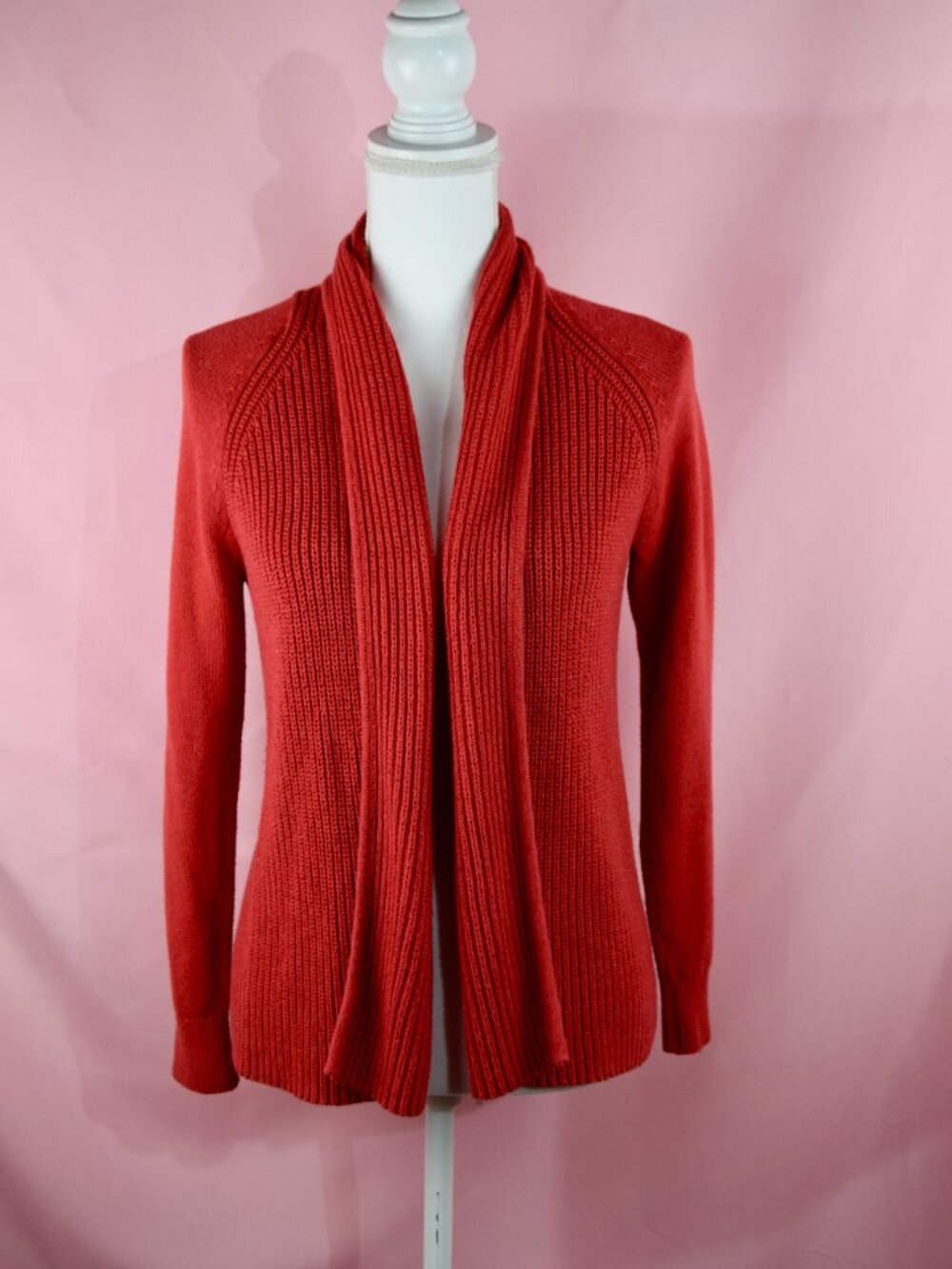 L.L.Bean Coral Red Ribbed Open-Front Cardigan Sweater | Size S Petite
